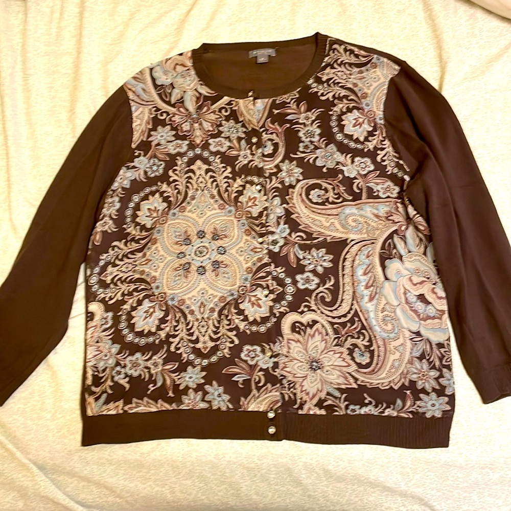 Delicate beaded Ann Taylor cardigan with a paisley pattern on a silk panel